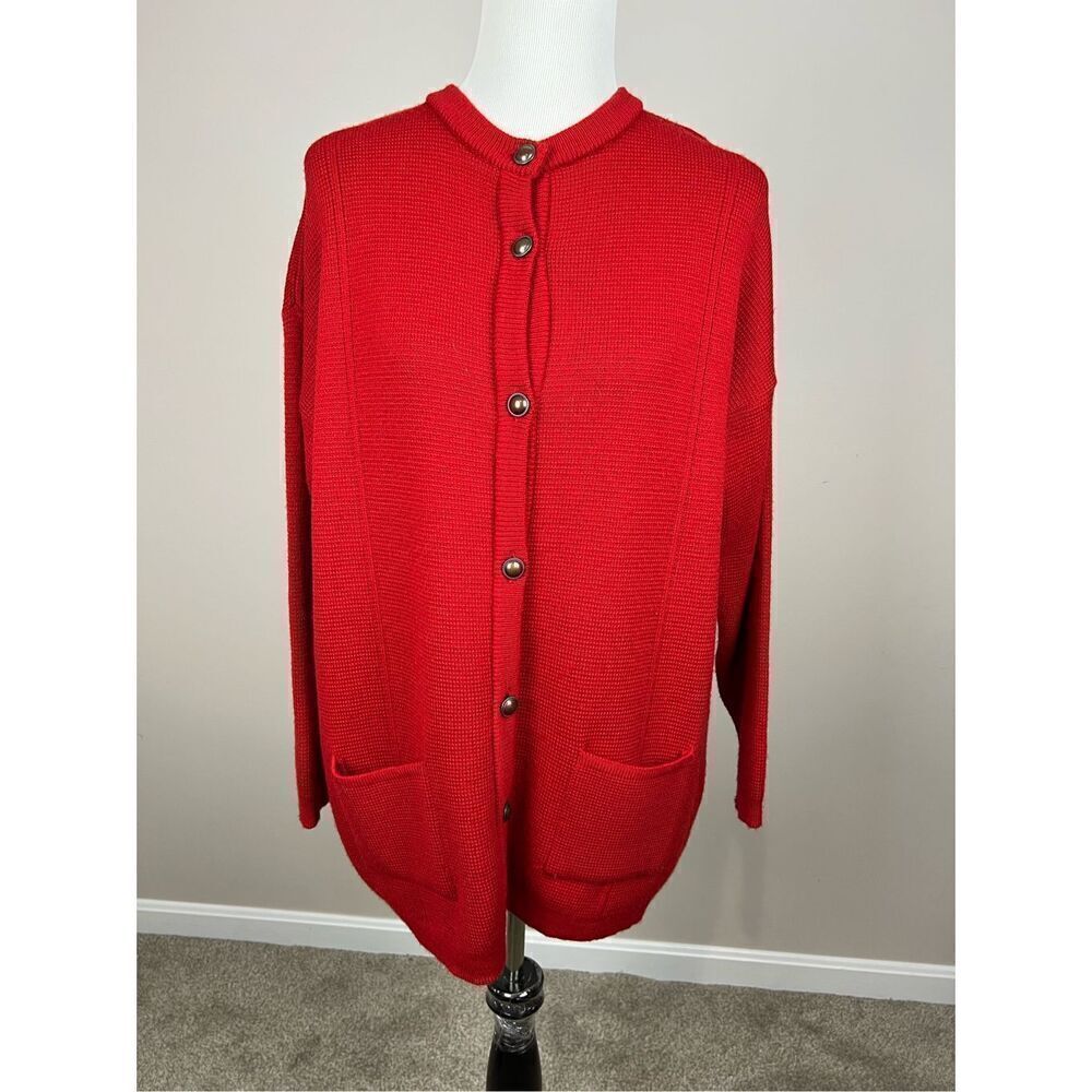 STRATHSPEY Womens Cardigan button up red pockets made in Scotland size L